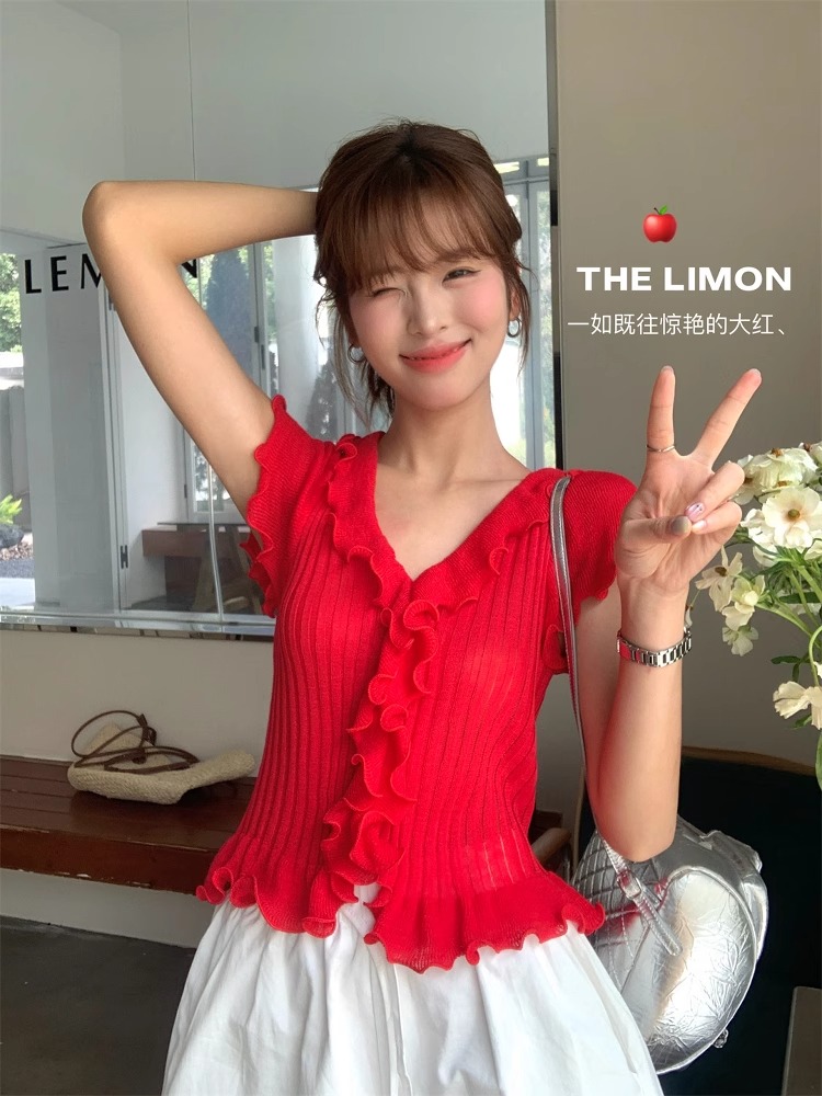 THE LEMON檸檬綠茶2026夏季法式多色木耳邊小心機修身針織衫上衣