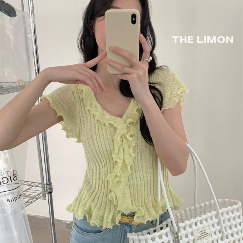 THE LEMON檸檬綠茶2026夏季法式多色木耳邊小心機修身針織衫上衣