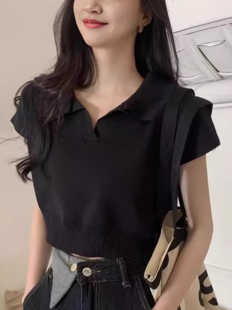 韓時尚洋氣顯瘦短袖t恤女夏純色簡約小個子百搭別致針織短款上衣