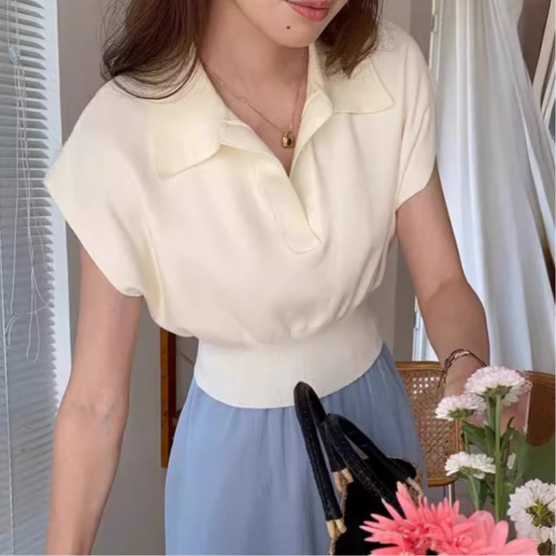 韓時尚洋氣顯瘦短袖t恤女夏純色簡約小個子百搭別致針織短款上衣