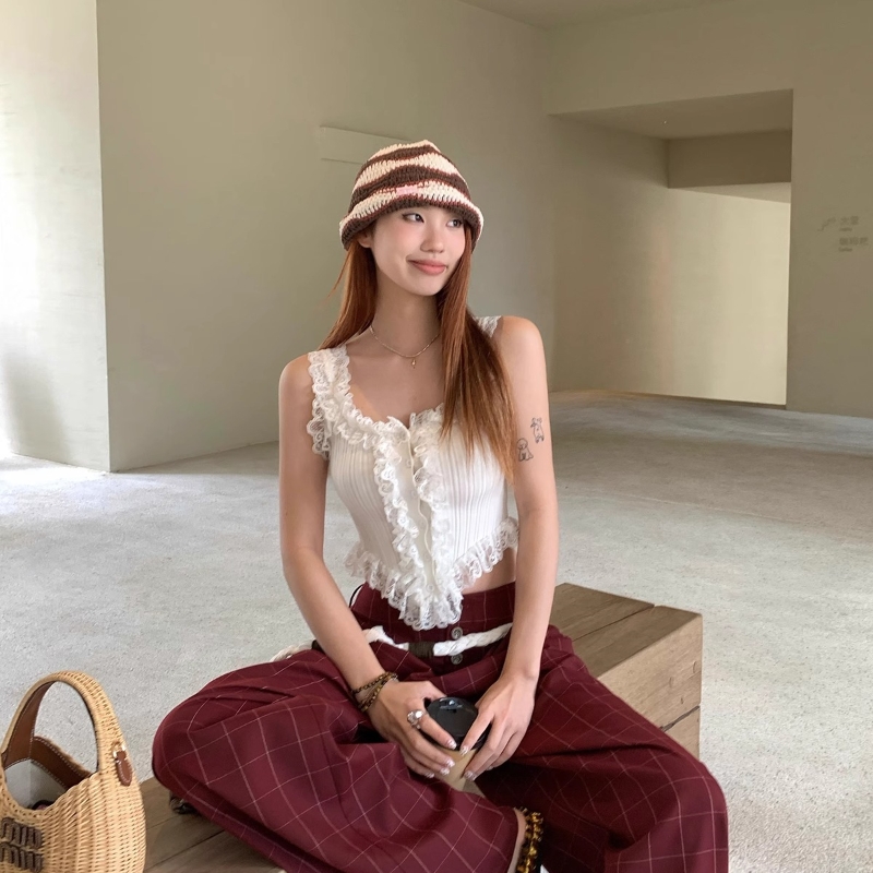 原版開胸拼接蕾絲花邊襯衫女夏季設計感小眾修身顯瘦辣妹無袖上衣