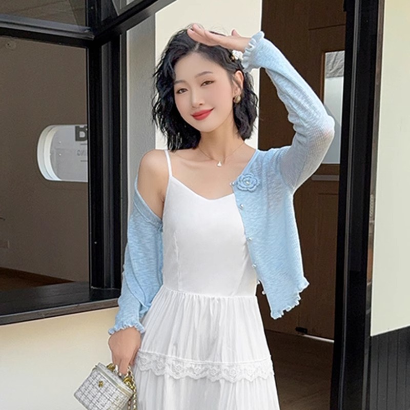 粉色薄款小清新甜美透氣長袖外搭針織衫開衫女夏季外穿外套