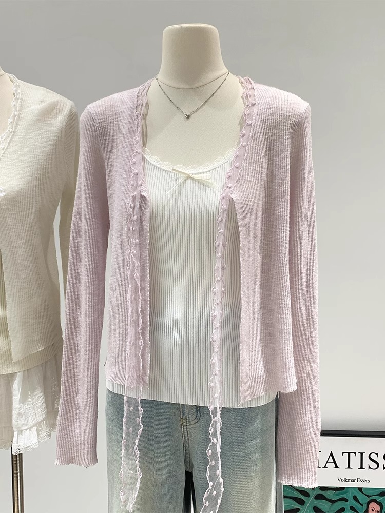純欲蕾絲拼接v領微透綁帶長袖防曬開衫外套冰絲針織上衣女夏