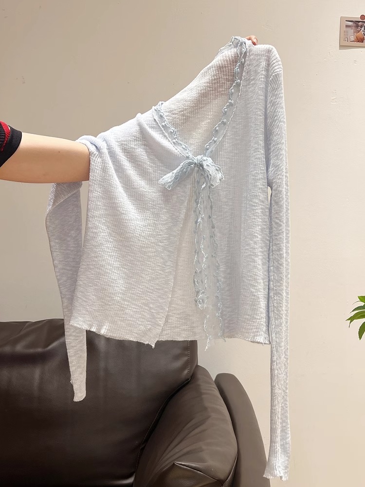 多巴胺微透蕾絲V領綁帶長袖t恤防曬開衫夏季薄款上衣外套女