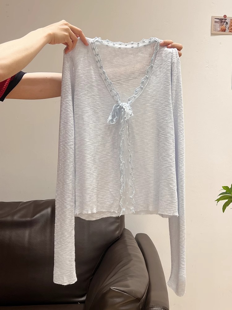 多巴胺微透蕾絲V領綁帶長袖t恤防曬開衫夏季薄款上衣外套女