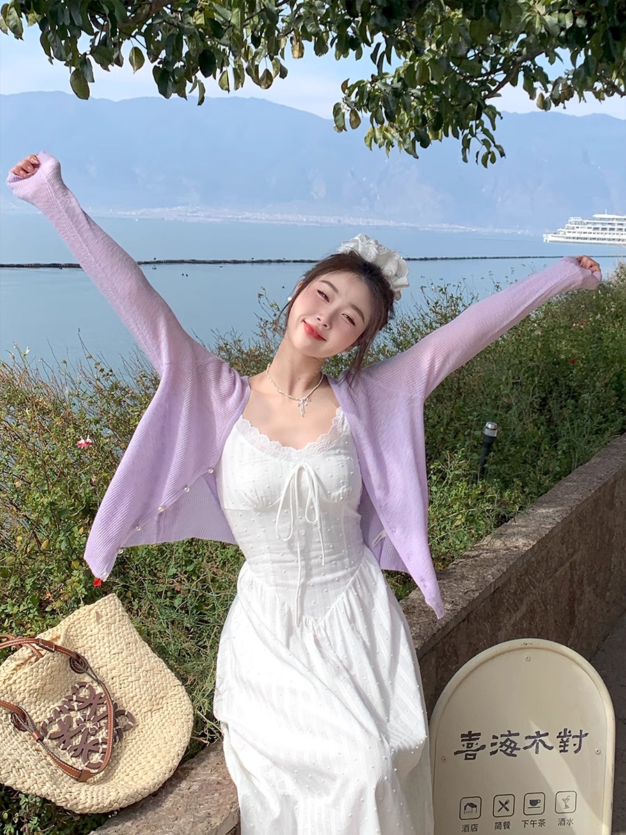 紅色外搭開衫配吊帶裙女2026新款防曬小罩衫針織外套上衣