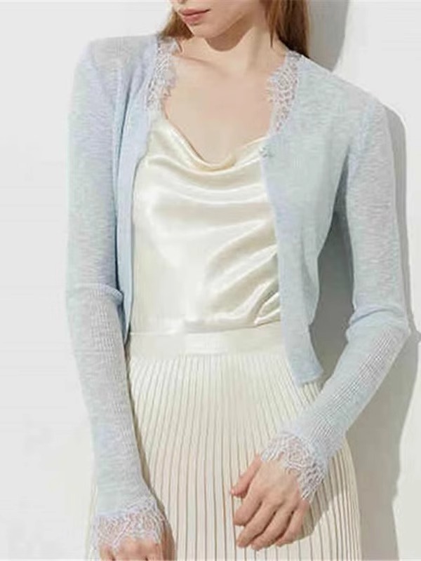 竹節麻長袖防曬上衣女2026年夏季新款短款開衫蕾絲針織薄款外套