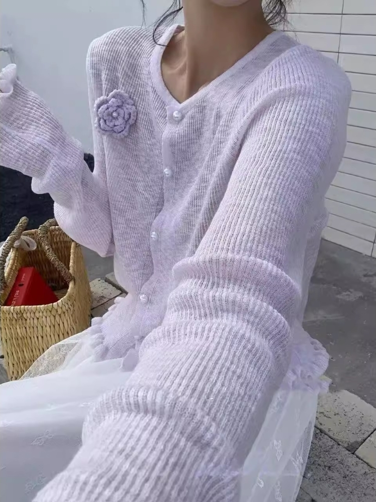 竹節麻防曬開衫女法式氣質甜美百搭立體花朵設計薄款針織開衫花飾