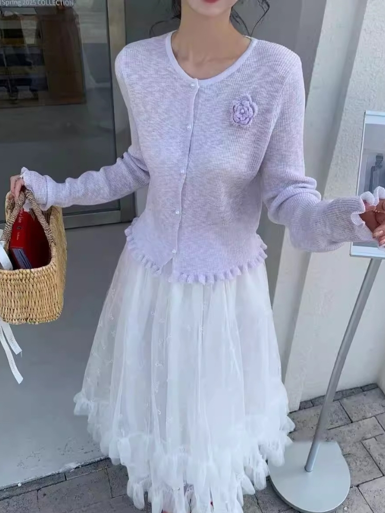 竹節麻防曬開衫女法式氣質甜美百搭立體花朵設計薄款針織開衫花飾