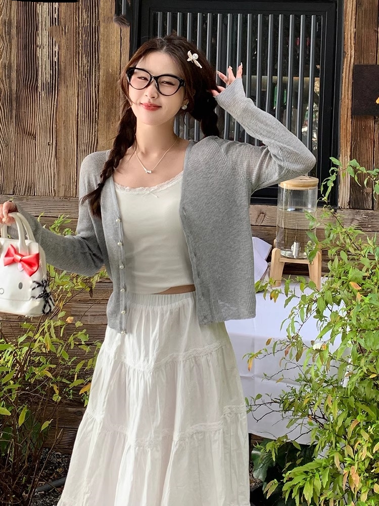 藍色開衫配吊帶女2026新款針織衫上衣春夏季防曬薄款外套