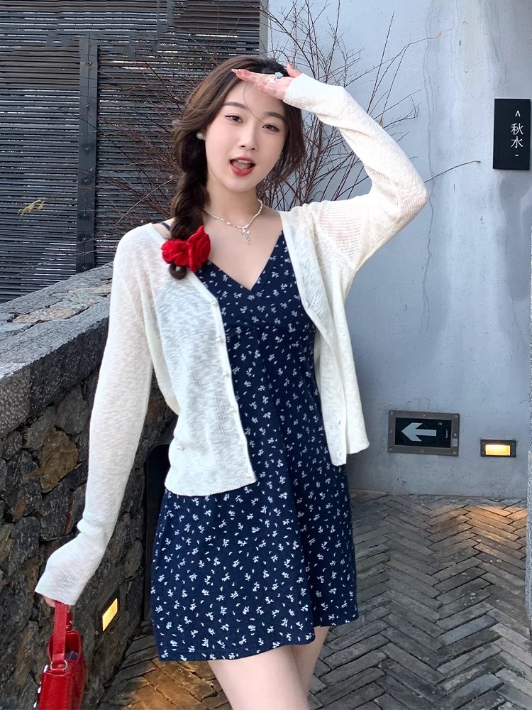 藍色開衫配吊帶女2026新款針織衫上衣春夏季防曬薄款外套