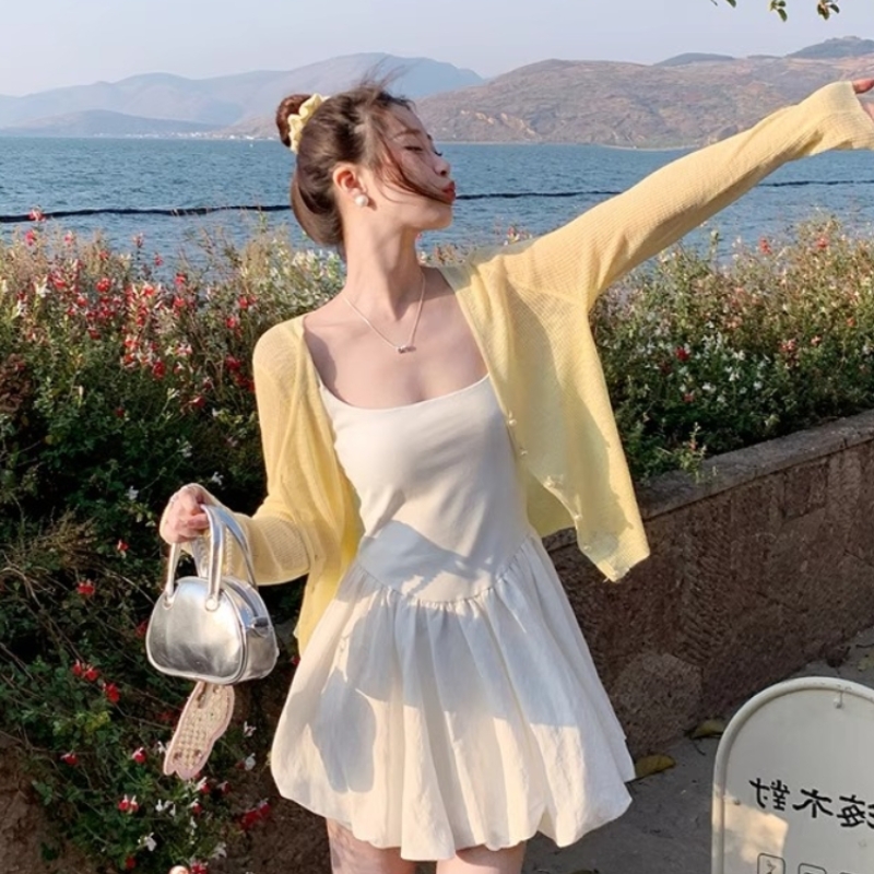 藍色開衫配吊帶女2026新款針織衫上衣春夏季防曬薄款外套