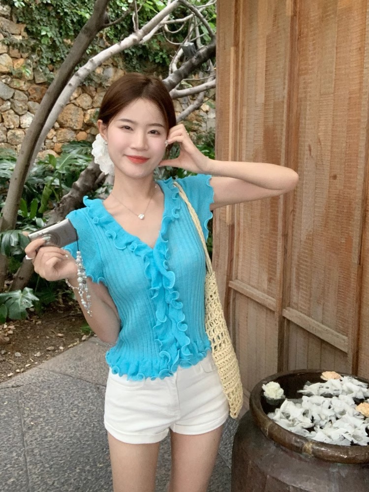 MY9981# 超好看针织短袖夏季t恤设计感新款针织衫女木耳边女裝貨源服裝批發
