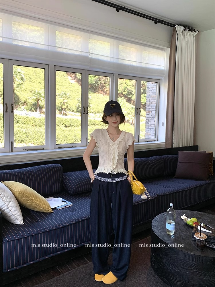 甜氧協議 溫柔V領花邊短袖針織衫女夏季甜美修身荷葉領短上衣