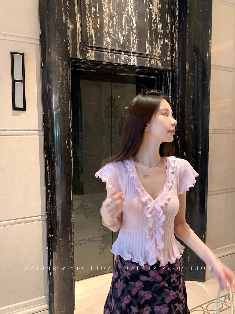 純色木耳邊針織衫上衣女修身顯瘦短袖t恤