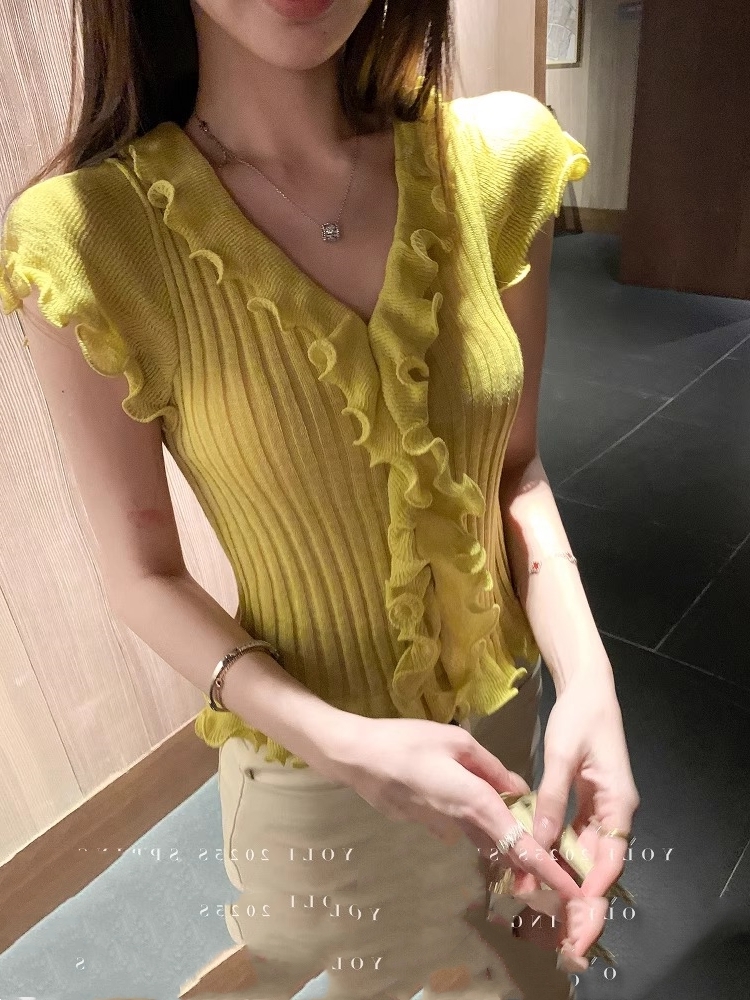 純色木耳邊針織衫上衣女修身顯瘦短袖t恤