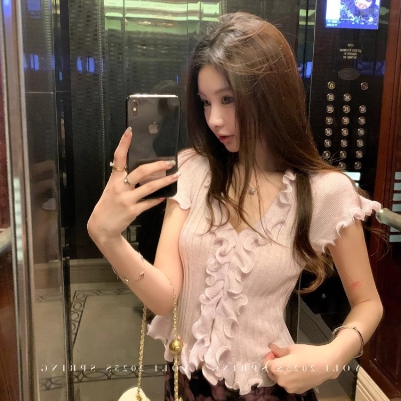 純色木耳邊針織衫上衣女修身顯瘦短袖t恤