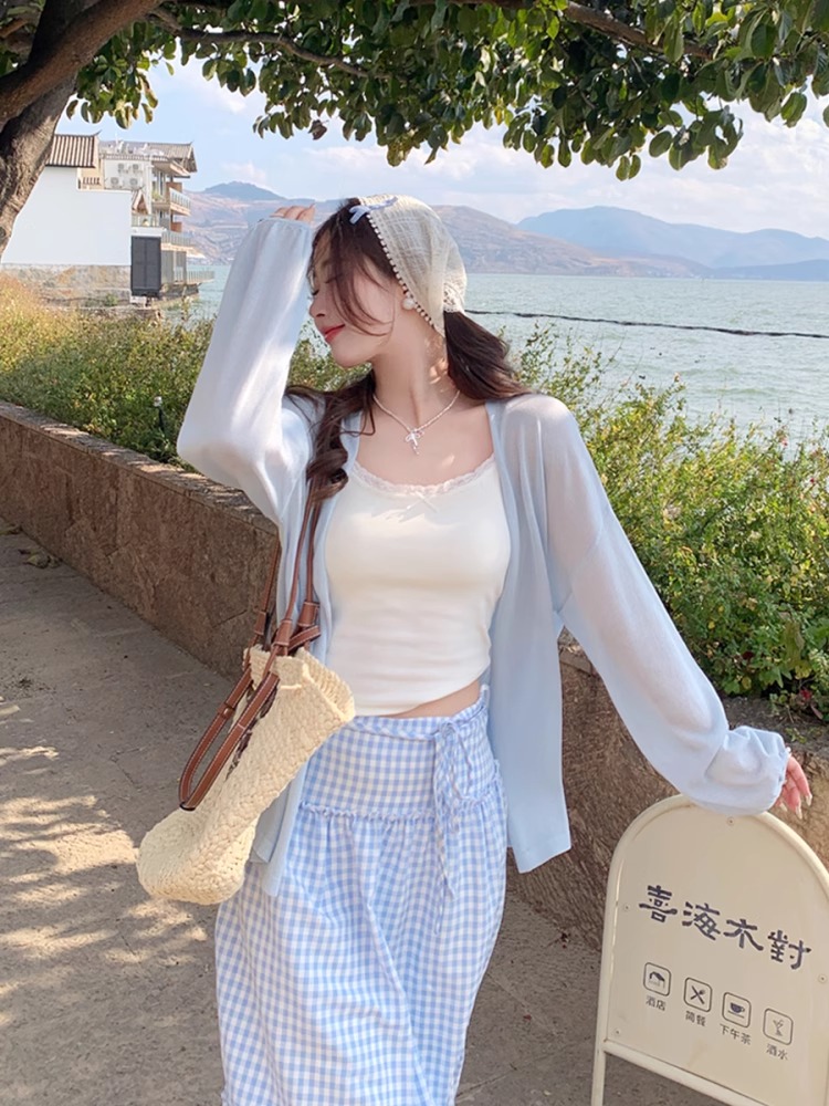 防曬開衫配吊帶夏日輕薄蝙蝠袖中長款外搭罩衫薄紗針織上衣