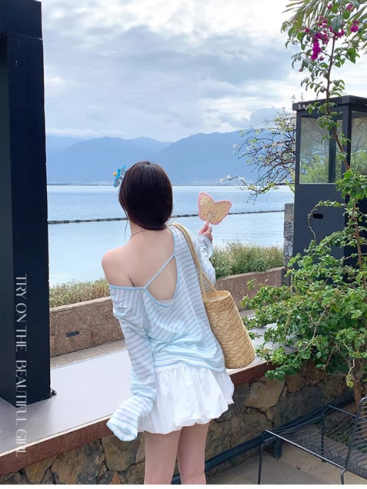 防曬罩衫女2026新款夏季外搭條紋針織長袖斜肩上衣高級感