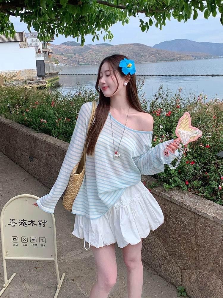 罩衫薄紗上衣2026新款夏季薄款斜肩條紋t恤女長袖針織衫