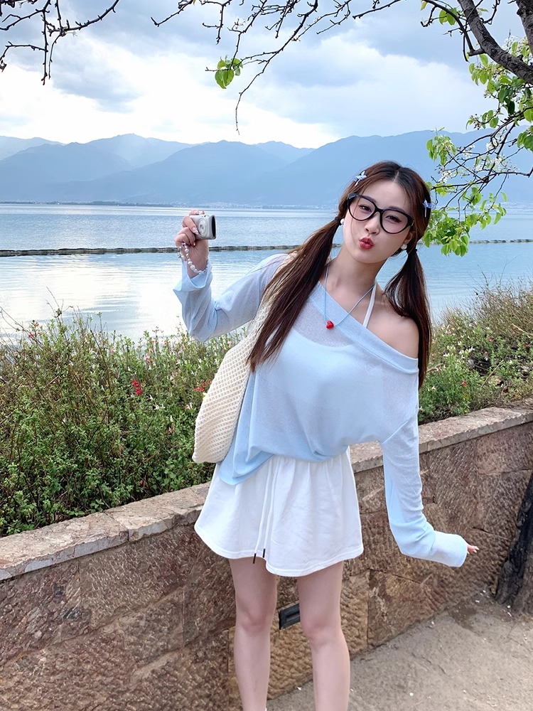 紫色防曬罩衫女夏季2026新款薄紗長袖t恤寬松遮肚子一字肩小上衣