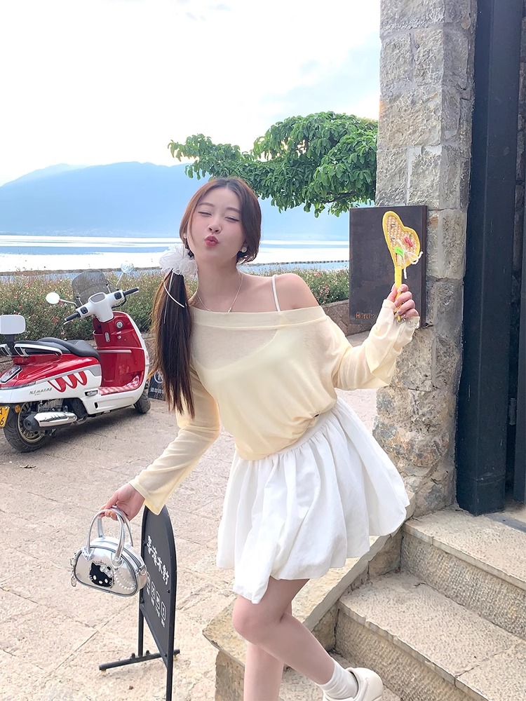 紫色防曬罩衫女夏季2026新款薄紗長袖t恤寬松遮肚子一字肩小上衣