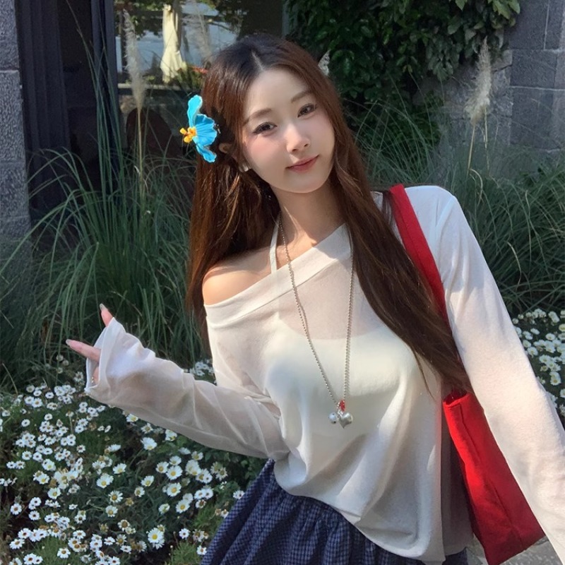 紫色防曬罩衫女夏日ootd穿搭2026新款一字肩長袖t恤上衣