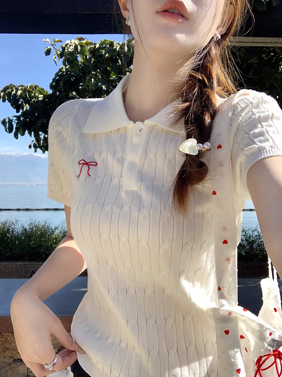 polo領針織短袖女2026新款刺繡復古學院風麻花毛衣t恤上衣