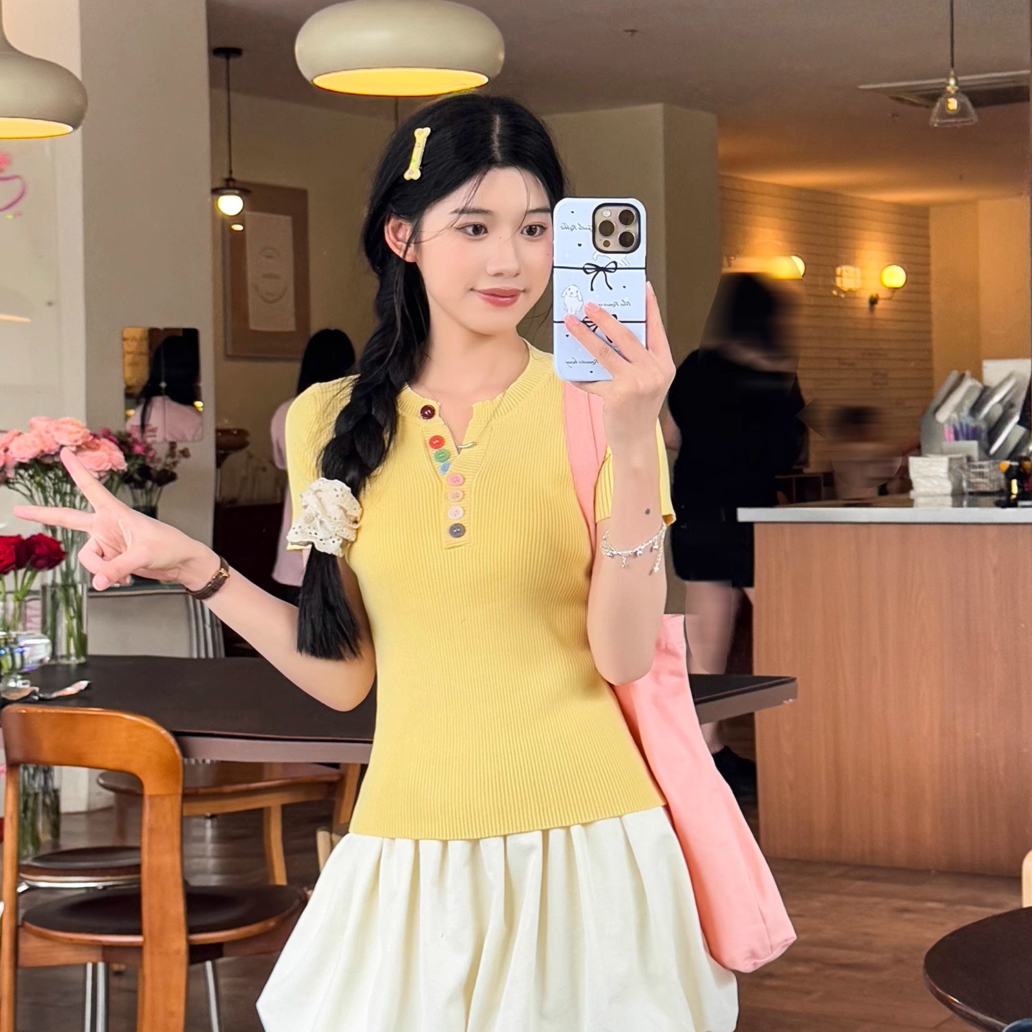 韓系黃色彩色紐扣正肩針織短袖女夏季漂亮別致修身顯瘦半開領上衣