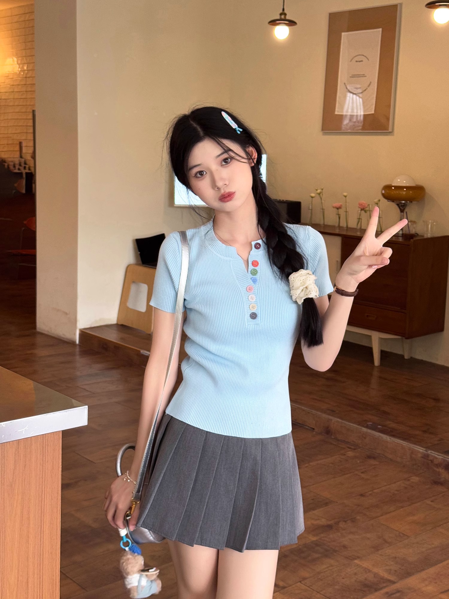 甜美風藍色正肩針織短袖女夏季彩色紐扣半開領修身百搭薄款小上衣