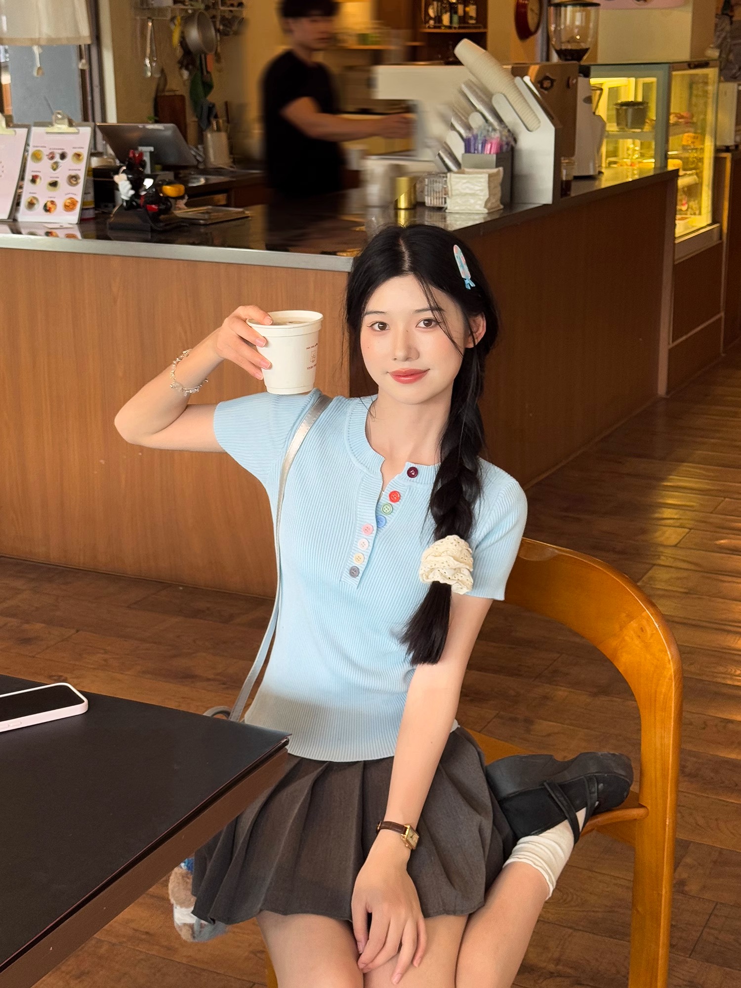 甜美風藍色正肩針織短袖女夏季彩色紐扣半開領修身百搭薄款小上衣