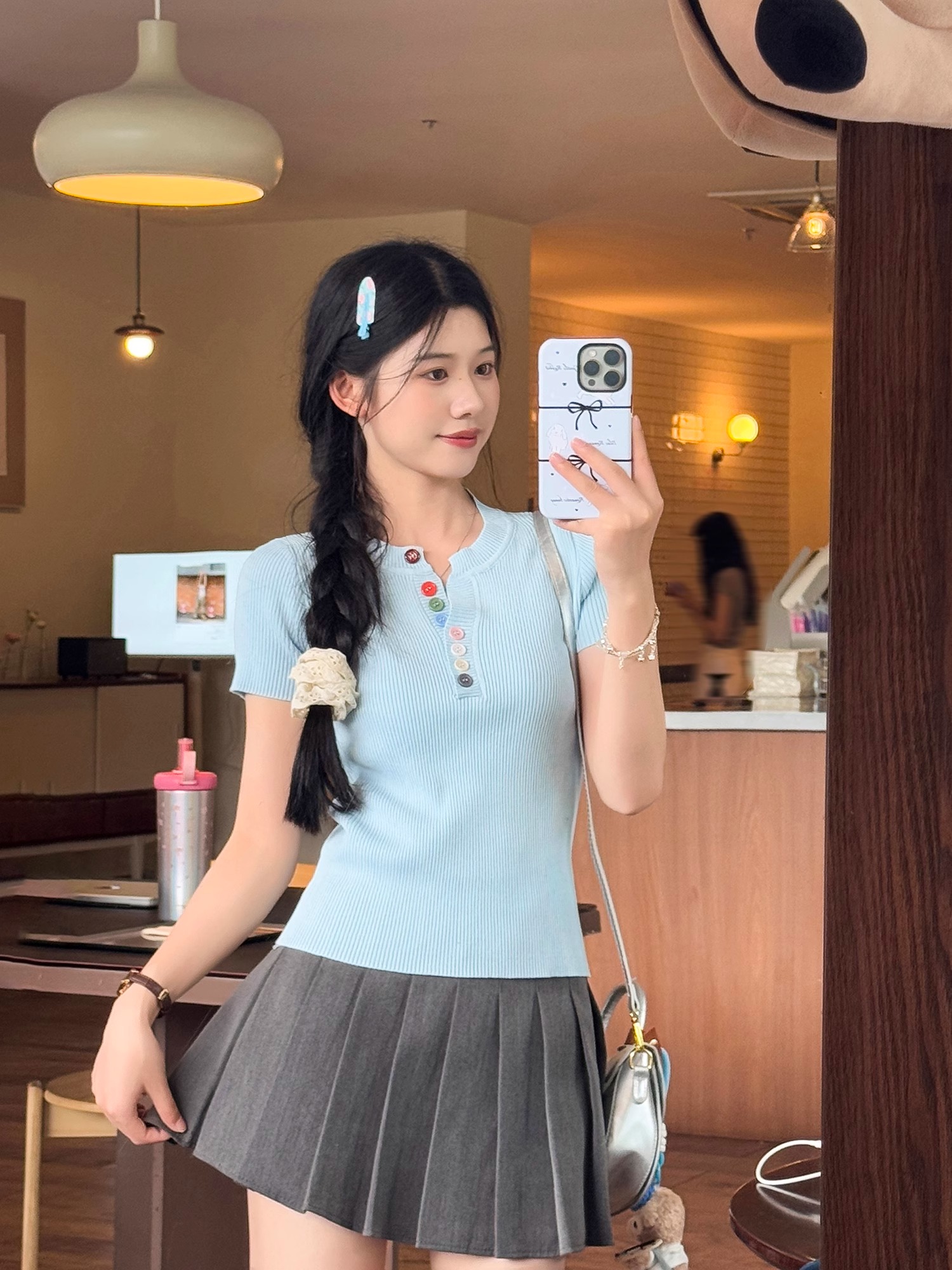 甜美風藍色正肩針織短袖女夏季彩色紐扣半開領修身百搭薄款小上衣