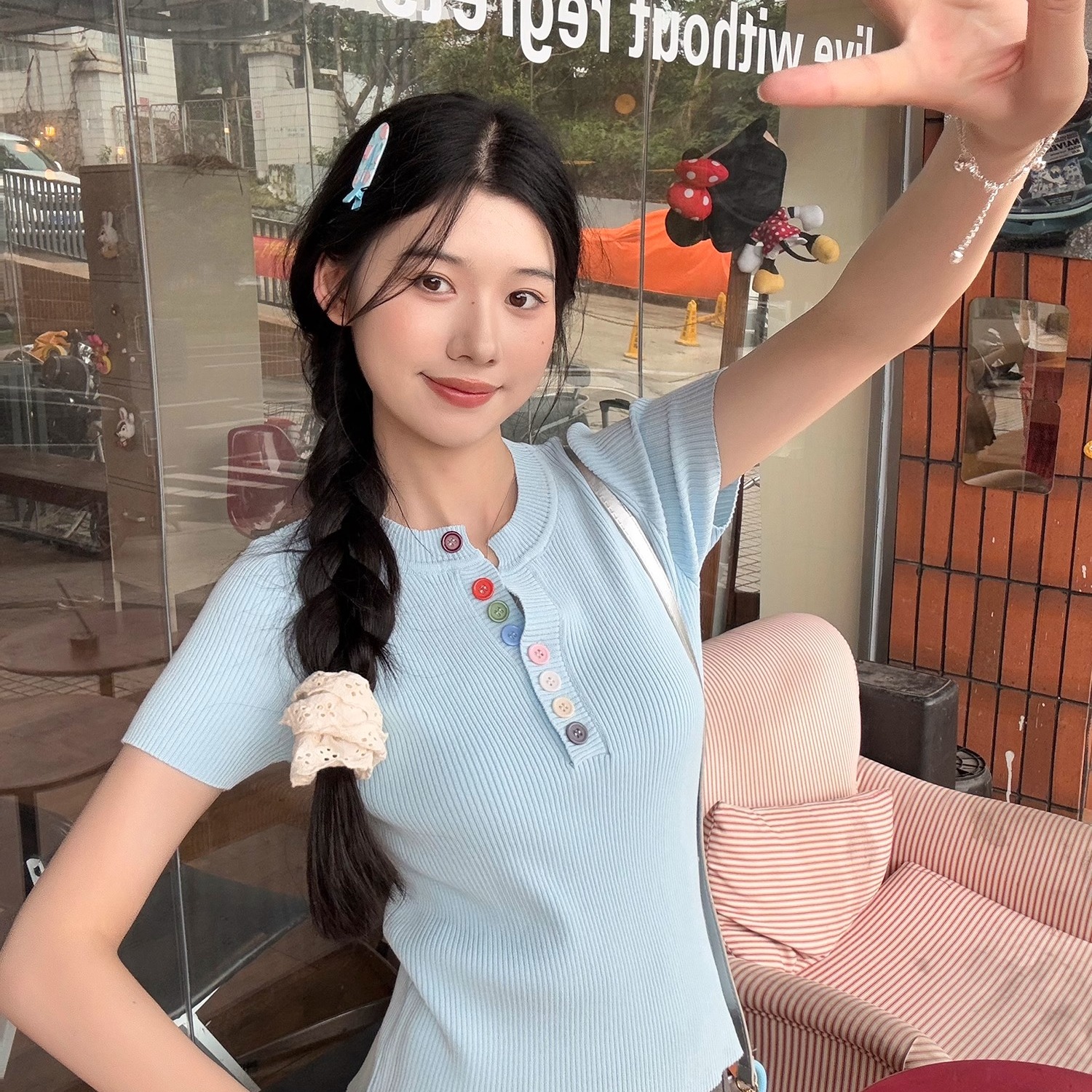 甜美風藍色正肩針織短袖女夏季彩色紐扣半開領修身百搭薄款小上衣