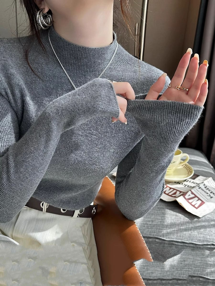 MY14946# 灰色打底衫新款黑色针织上衣内搭羊毛衫半高领毛衣女裝貨源服...