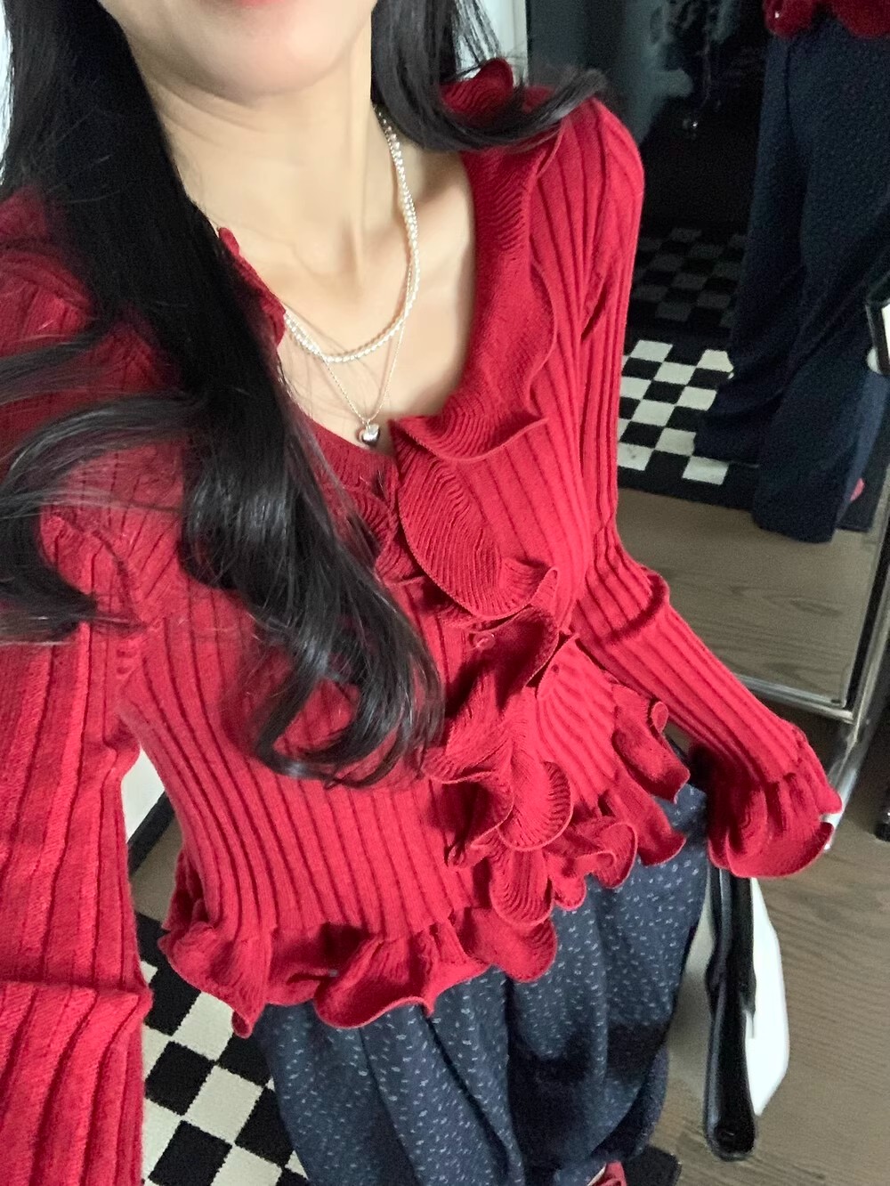 韓版甜美純欲木耳花邊修身針織衫2026春季新款上衣收腰V領毛衣