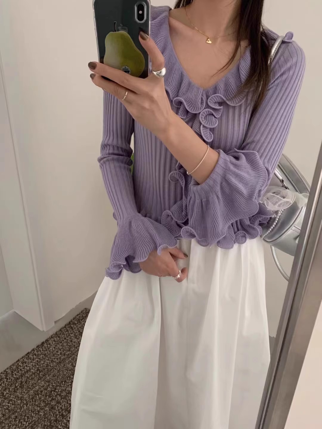 韓版甜美純欲木耳花邊修身針織衫2026春季新款上衣收腰V領毛衣