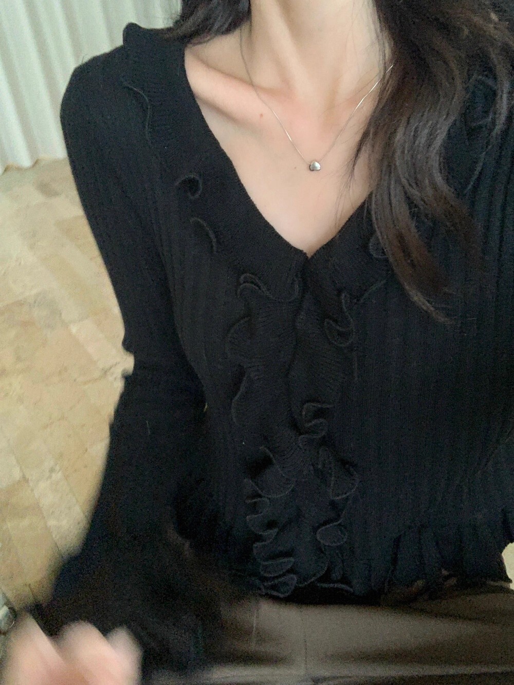 韓版甜美純欲木耳花邊修身針織衫2026春秋新款上衣收腰V領毛衣