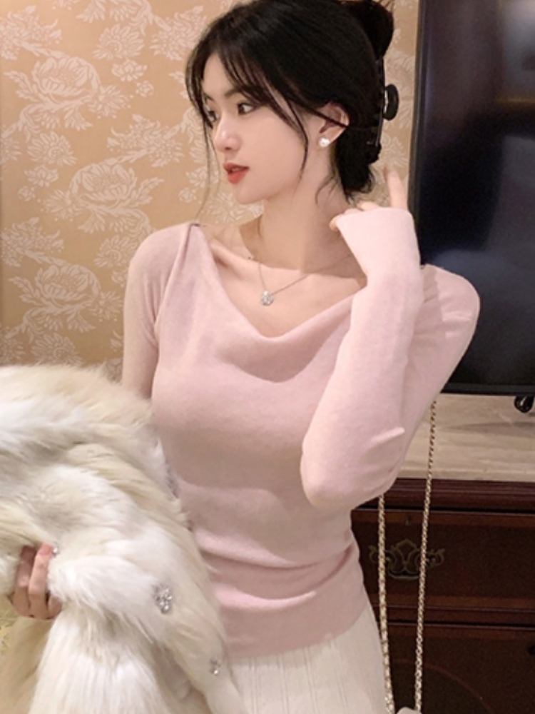 MY14942# 新款不规则针织衫长袖t恤毛衣打底衫女荡领修身显瘦上衣女裝...