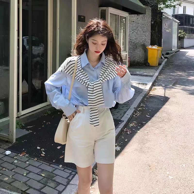 春秋搭肩小披肩外搭網紅襯衫冬季針織毛線配毛衣圍巾女條紋多功能