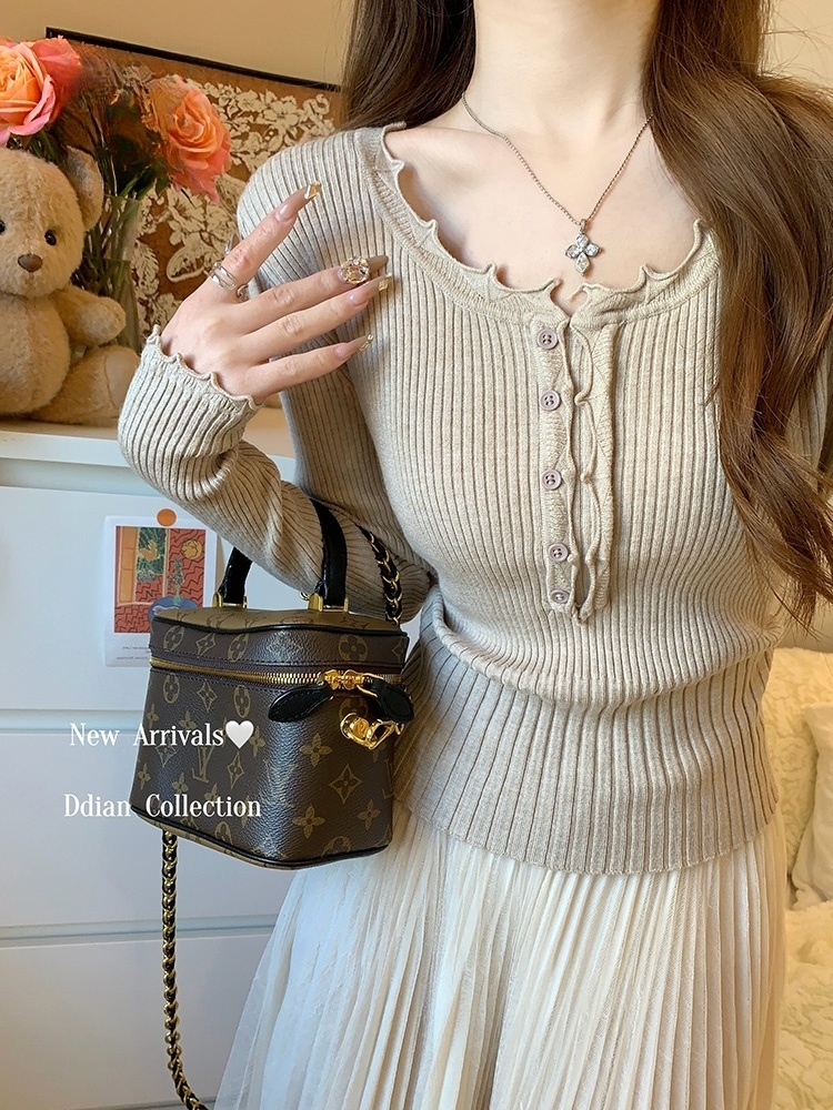 MY14944# 法式木耳边低圆领纽扣长袖针织衫修身内搭毛衣打底衫上衣女裝...