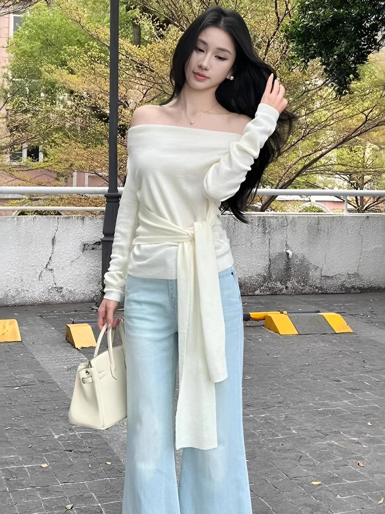 MY16304# 斜肩系带收腰长袖针织衫新款修身打底衫独特漂亮洋气上衣潮女裝貨源服裝批發