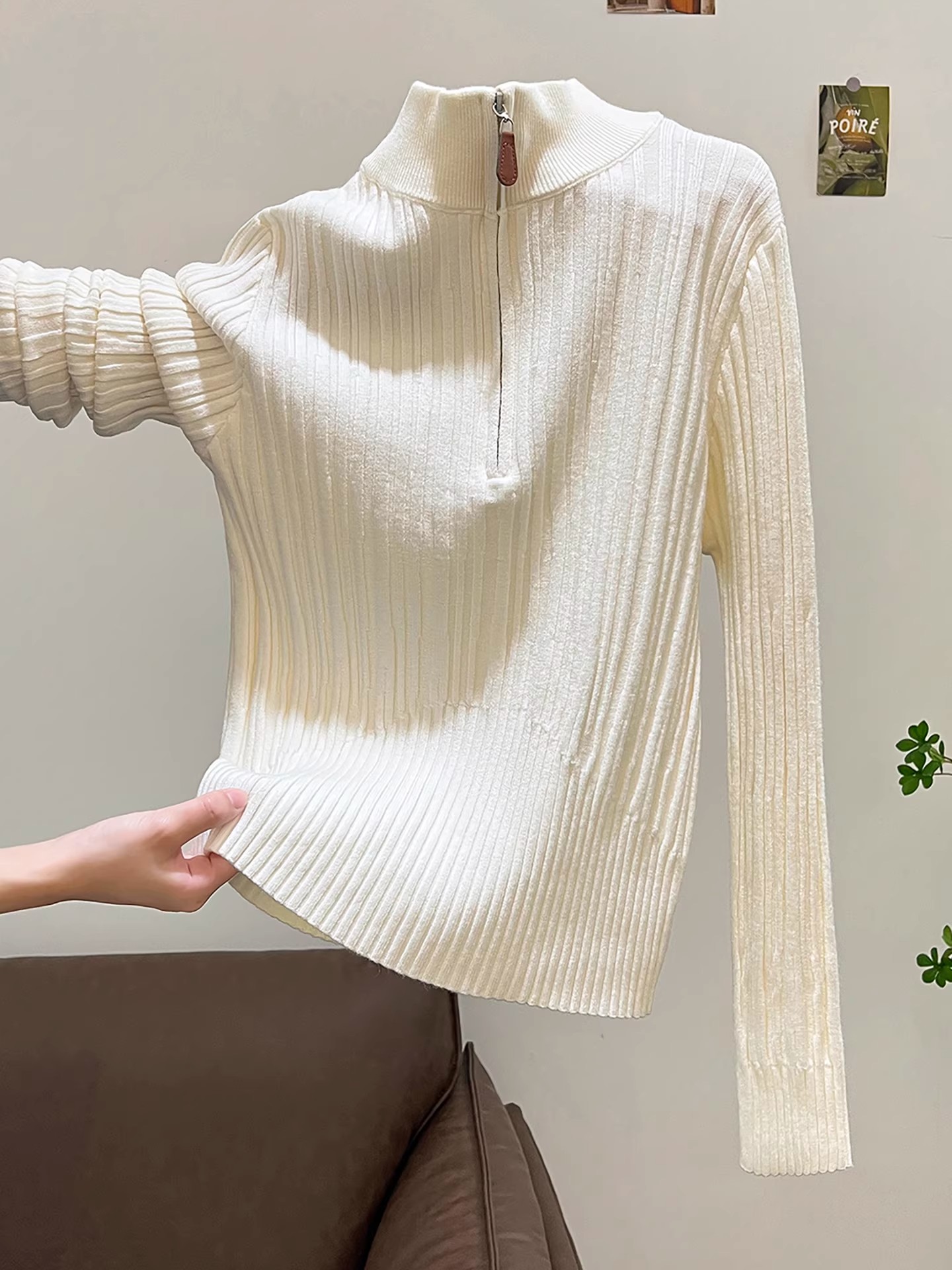 MY16303# 半拉链立领针织衫内搭高级设计感坑条毛衣打底衫高领上衣女裝...