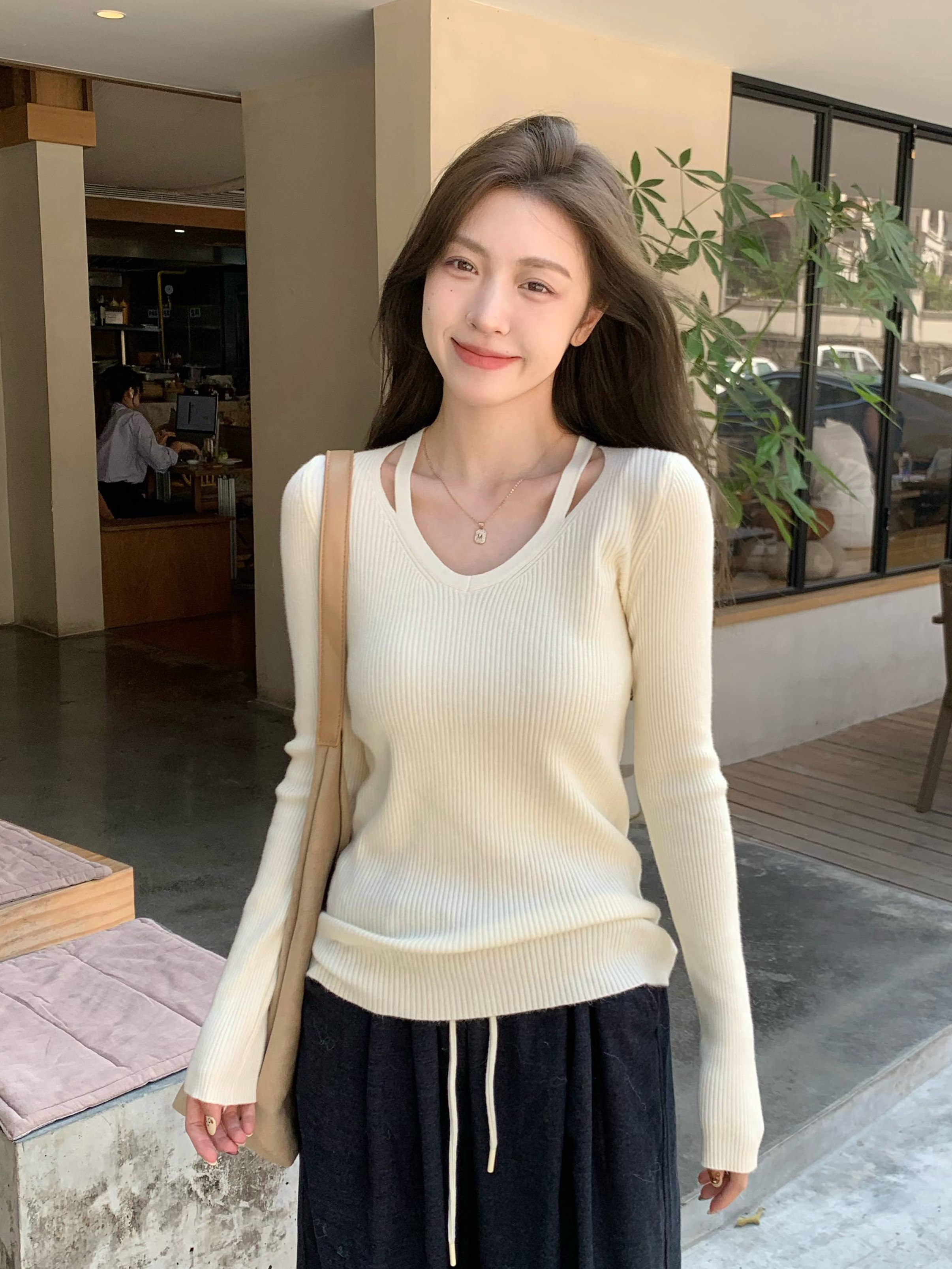 MY16292# 韩系纯欲别致低领内搭打底衫女心机镂空修身毛衣T恤针织上衣...