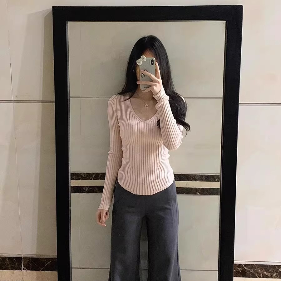 粉色坑條v領親膚打底衫女秋冬大衣內搭修身軟糯毛衣純欲上衣