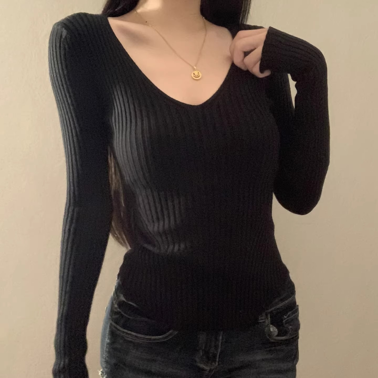 溫柔風粉色坑條V領針織衫女春季新款軟糯收腰修身百搭打底衫上衣