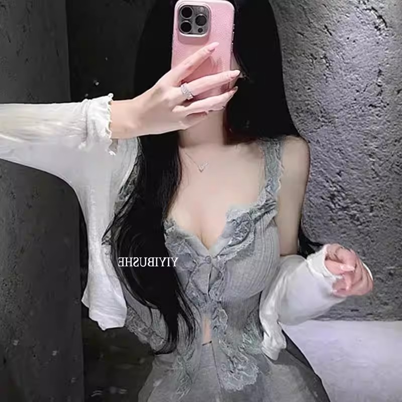 甜辣韓妹性感女人味蕾絲荷葉邊針織吊帶背心