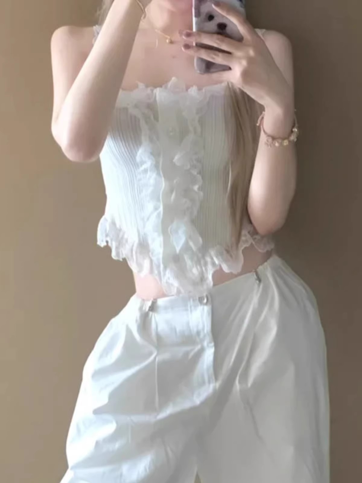 純欲風白色蕾絲花邊針織吊帶背心女夏季甜辣妹高級感修身短款上衣