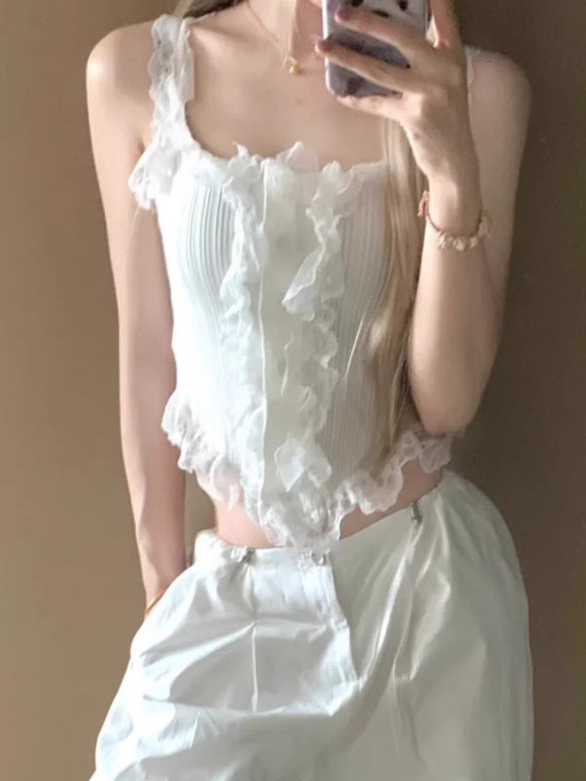 純欲風白色蕾絲花邊針織吊帶背心女夏季甜辣妹高級感修身短款上衣