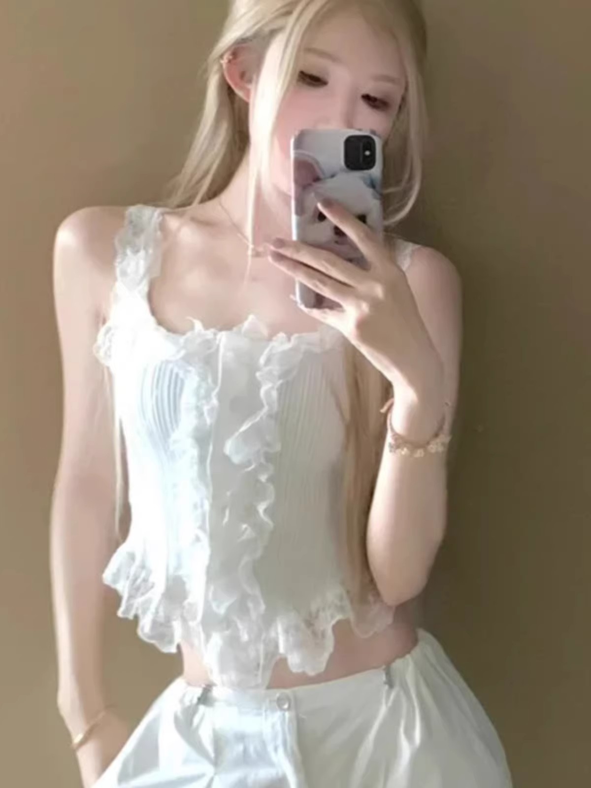 純欲風白色蕾絲花邊針織吊帶背心女夏季甜辣妹高級感修身短款上衣