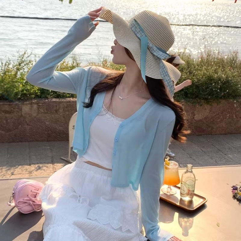 白色開衫配吊帶薄款女夏季天絲防曬罩衫針織上衣冰絲薄紗披肩外套